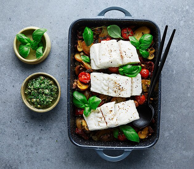 Baked Norwegian saithe in salsa verde