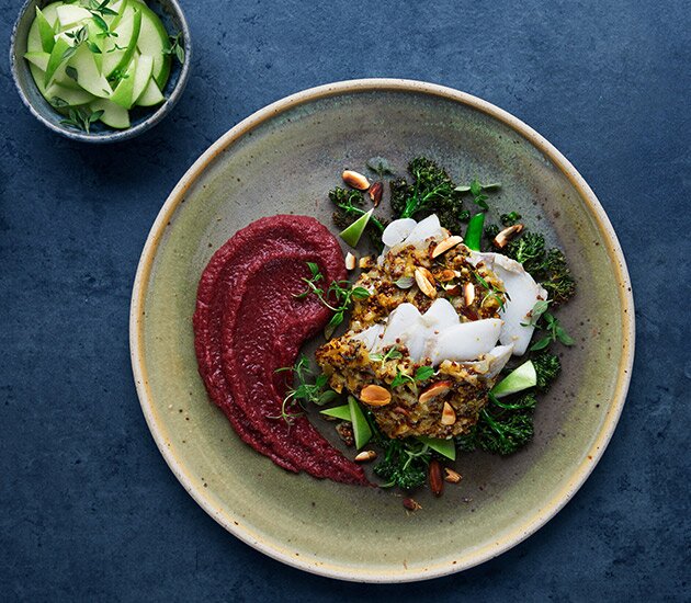 Oven baked Norwegian saithe with potato and beetroot puree