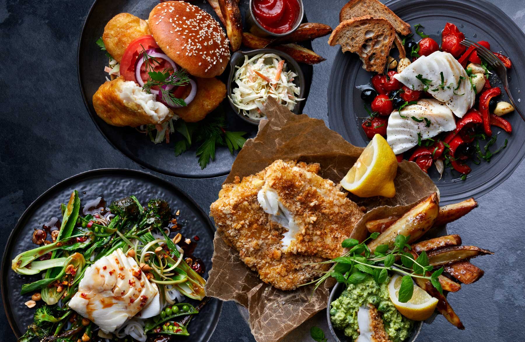 Collage with images showing cod from Norway